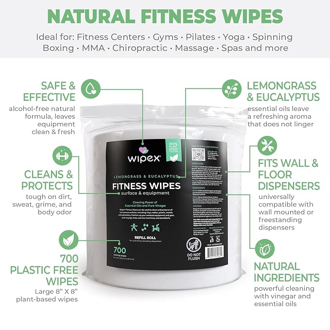 Wipex Gym Wipes Dispenser Refill - 700 Count 8"x8" Plant-Based Fitness Equipment Wipes with Cleaning Vinegar, Lemongrass & Eucalyptus Essential Oil, Great Gym Wipes for Equipment (1 Pack)