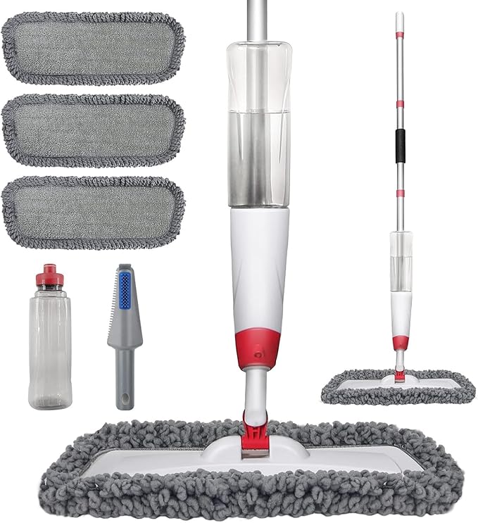 Spray Mops for Floor Cleaning, Microfiber Spray Cleaning Mop Kit with 3 Reusable Washable Pads 700ML Refillable Bottle and Scrubber Flat Mop with 360 Degree Swivel Head for Hardwood Laminate (Grey)