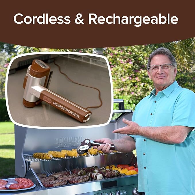 HorsePower Giddy Up Grill Cleaner AS-SEEN-ON-TV! – Cordless, Rechargeable BBQ Tool with 350 RPM Stainless Roller, LED Light – Patents Pending – From BulbHead, a Family-Owned American Brand