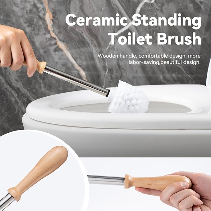 Toilet Brush and Holder Set, Ceramic Turtle Base Toilet Brush Set - 7.5” Bowl Cleaner, Toilet Scrubber Brush with Ergonomic Handle (Silver)