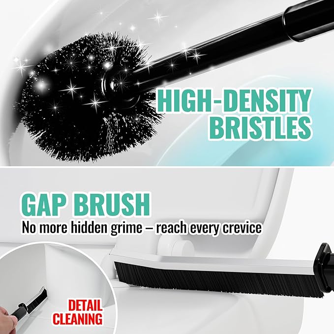 4PACK 3 in 1 Toilet Brush and Plunger Set with Crevice Cleaning Brush, Toilet Plunger and Brush Set with Extra Long Handle, Plungers for Bathroom Accessories, Abrasive Spiral Brushes, Black