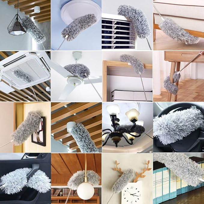 HEOATH Microfiber Feather Duster with Extendable Pole, 30-100 inches Extra Long Cobweb Duster for Cleaning, Bendable Head, Non-Scratch, Washable Duster for Ceiling, Fan, Furniture Gray