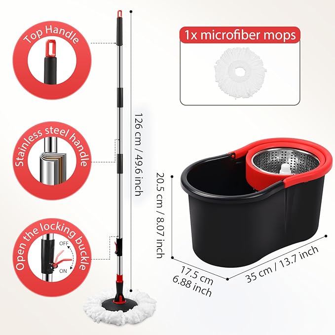 Spin Mop and Bucket, Mop and Bucket with Wringer Set for Home, 360 Spinning Mop Bucket Floor Cleaning Tool with 1 Microfiber Mop Replacement Head,50" Stainless Steel Handle (Black-Includes 1 mop)