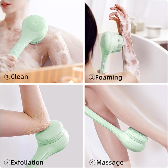 Oh,XIYU. Electric Body Brush Back Scrubber for Shower, Waterproof Long Dual Handle Power Body Scrubber with 3 Heads, Rechargeable Bath Brush & 2 Speeds, for Cleansing, Exfoliating and Massaging Skin