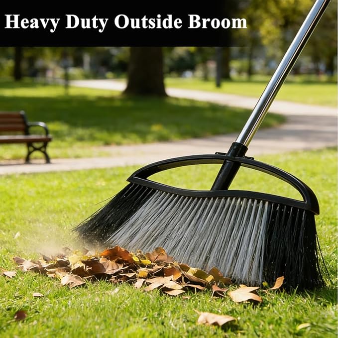 MuLing Heavy Duty Outdooor Broom - 15.7" Wide Broom with Long Adjustable Handle & Stiff Bristles for Patio, Garage, Yard, Garden (Black)