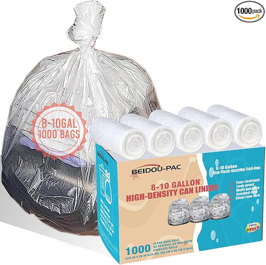 BEIDOU-PAC Trash Bags 8-10 Gallon, 1000 Count Bulk Value Pack, Clear Plastic Recycling Bags, Multi-purpose Garbage Bags Can Liners for Business Home Kitchen Commercial and Industrial