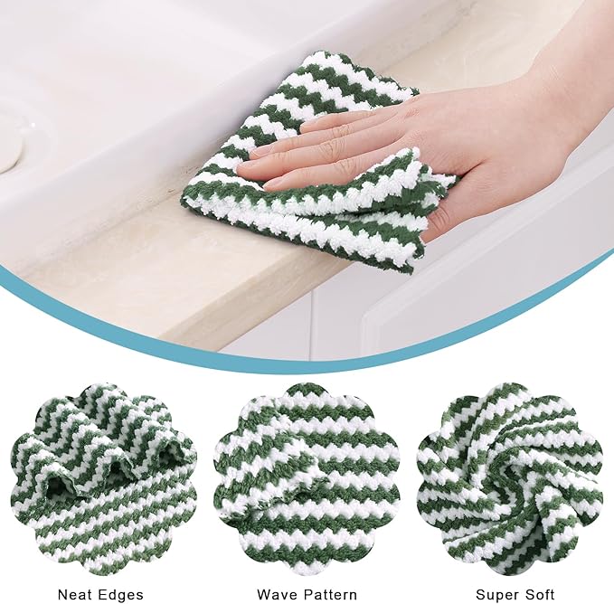 Homaxy 12 Pack Kitchen Dish Cloths, Ultra Soft and Absorbent Dish Towels, Reusable Fast Drying Microfiber Cleaning Cloth, Coral Velvet Wave Design No-lint, 10 x 10 inches, Blue/Pink/Grass Green