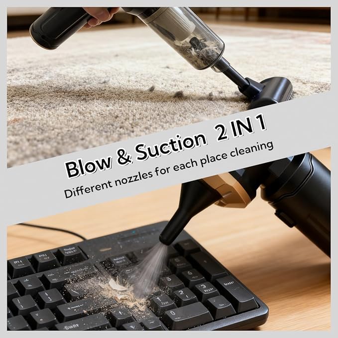 Handheld Car Vacuum Cleaner, 12000Pa Vacuum Cleaner and Air Duster, Portable Cordless Hand Held Vacuum with Brushless Motor and Multi-Nozzles for Car, Home, Office, Pet