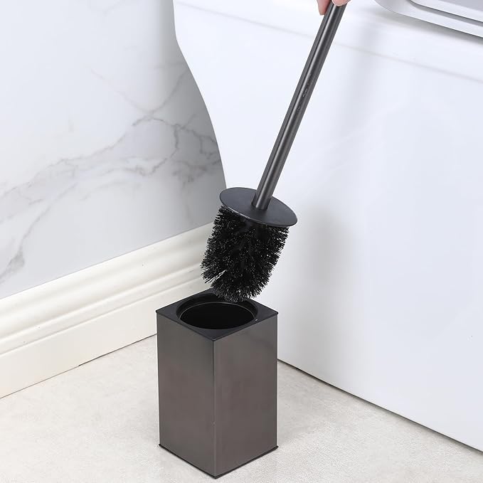 LSWYYP Toilet Brush and Holder, Stainless Steel Square Toilet Bowl Brush Freestanding with Lid,Toilet Cleaner Brush Set for Bathroom Storage,Black