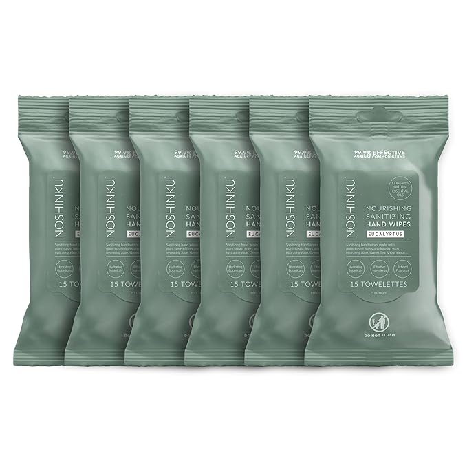 Noshinku Eucalyptus Hand Sanitizer Wipes, 6-Pack (90 Towelettes) – Resealable Travel Wipes with Ethyl Alcohol, Aloe & Green Tea, Plant-Based Fiber, Essential Oil Scents, Cruelty-Free & No Dyes