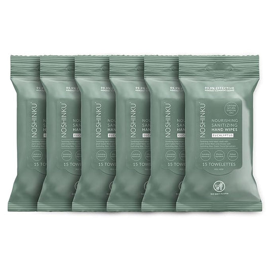 Noshinku Eucalyptus Hand Sanitizer Wipes, 6-Pack (90 Towelettes) – Resealable Travel Wipes with Ethyl Alcohol, Aloe & Green Tea, Plant-Based Fiber, Essential Oil Scents, Cruelty-Free & No Dyes