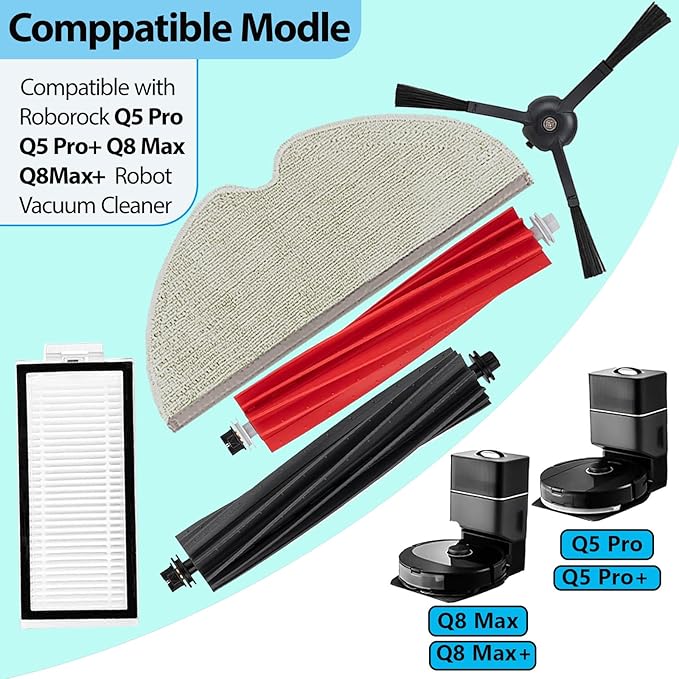 15 Pack Accessories Replacement Kit Compatible with Roborock Q5 Pro / Q5 Pro+ / Q8 Max / Q8 Max+ Robot Vacuum Cleaners Include 1 Dual Roller Brush, 4 Side Brush, 4 Filter, 6 Mop Cloth Pads