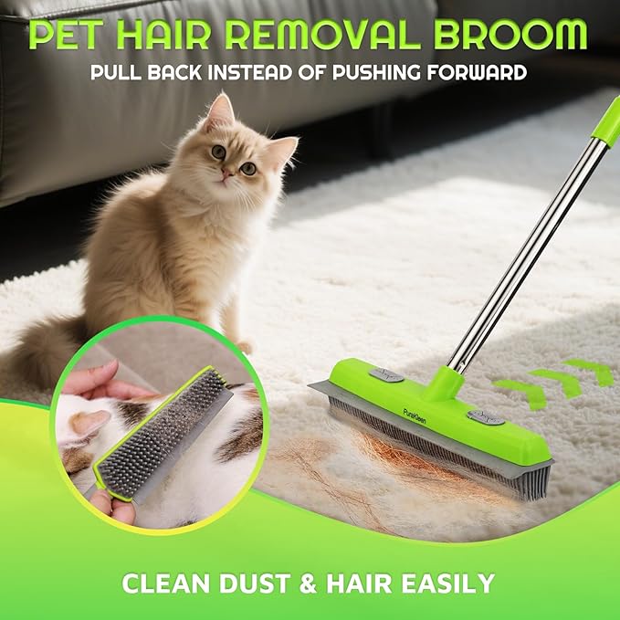 PuraKleen Carpet Rake for Pet Hair Removal with 61" Long Handle, 2 Microfiber Clothes, Squeegee & Pet Silicone Brush,4 in 1 Green Multi-Surface Hair Remover for Rugs,Carpets,Floors, Tiles, Couches