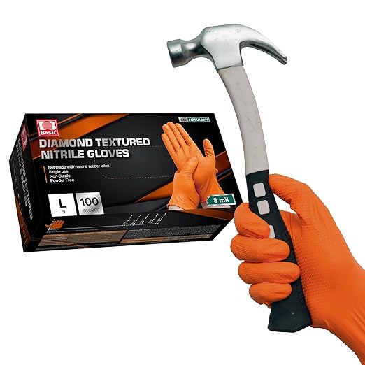 Jointown Basic Heavy Duty Nitrile Gloves, Mechanic Gloves 8 Mil Nitrile Disposable, with Raised Diamond Texture, Case of 100, Orange, Large
