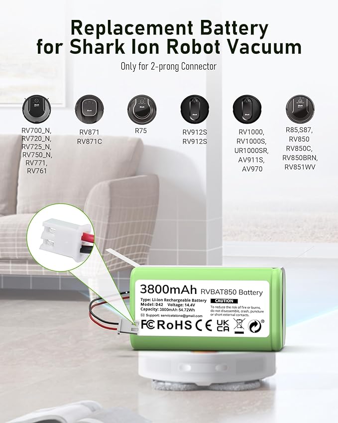 3800mAh RVBAT850 Battery, Battery Replacement for Shark Vacuum, Suitable for Rvbat850 Shark Ion-battery R75, RV761, RV850C, RV1000S, RV1100VL, RV101AE, UR1000SR, RV700_N, RV720_N(2-Prong Connector)