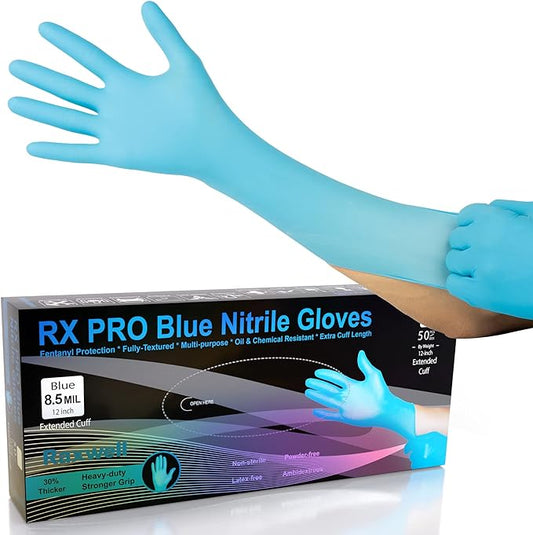 Raxwell Blue Nitrile Disposable Gloves, Latex Free Food Grade, 8.5mil, Extended Cuff, Waterproof, Ambidextrous, Textured Grip