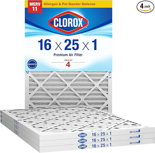 Clorox 16x25x1 Air Filter, MERV 11 Pleated HVAC AC Furnace Air Filters, MPR 1000 & FPR 7 – Pack of 4