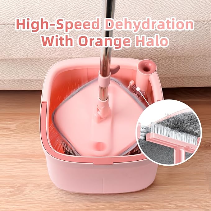 Spin Mop and Bucket Set with Self - Separating Dirty and Clean Water System, Self - Wringing, 360° Rotating Clean Mop - Head for Hardwood, Tile and Marble Floors with 6 Pads - Pink