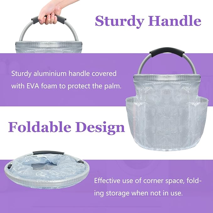 17L Portable Shower Caddy with Handle, Foldable Cleaning Supply Caddy in PVC Resin, Picnic Basket with 6 Side Pockets, Multifunctional Storage Basket for Bathroom, Picnics, Transparent