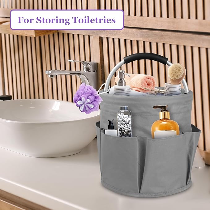 2Pcs Cleaning Caddy with Handle and 6 Pockets, 17L Foldable Cleaning Supply Caddy, Portable Shower Caddy in 600D Oxford Fabric, Multifunctional Storage Basket for Camping, Garden, Dark Gray