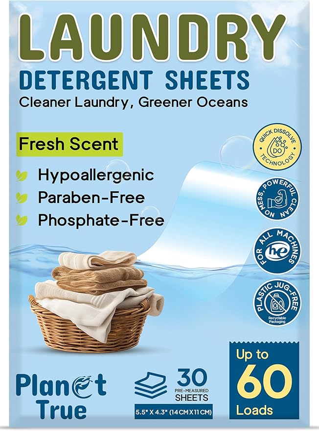 Eco-Friendly Laundry Detergent Sheets – 60 Loads (30 Sheets) Fresh Scent – Concentrated, Quick-Dissolve, Travel-Friendly & Hypoallergenic – No Phosphate, Bleach or Dyes