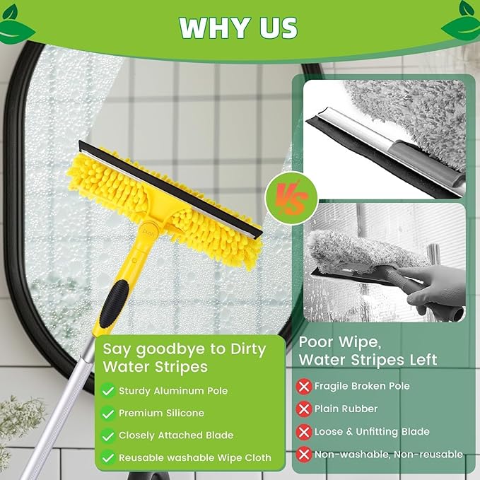 225'' Long Reach Window Squeegee with Telescoping Extension Pole, 2-in-1 Indoor/Outdoor Cleaning Tool with 270° Rotatable Head, Lightweight Alloy Aluminum Pole for Shower Door, Mirror, Car Windshield