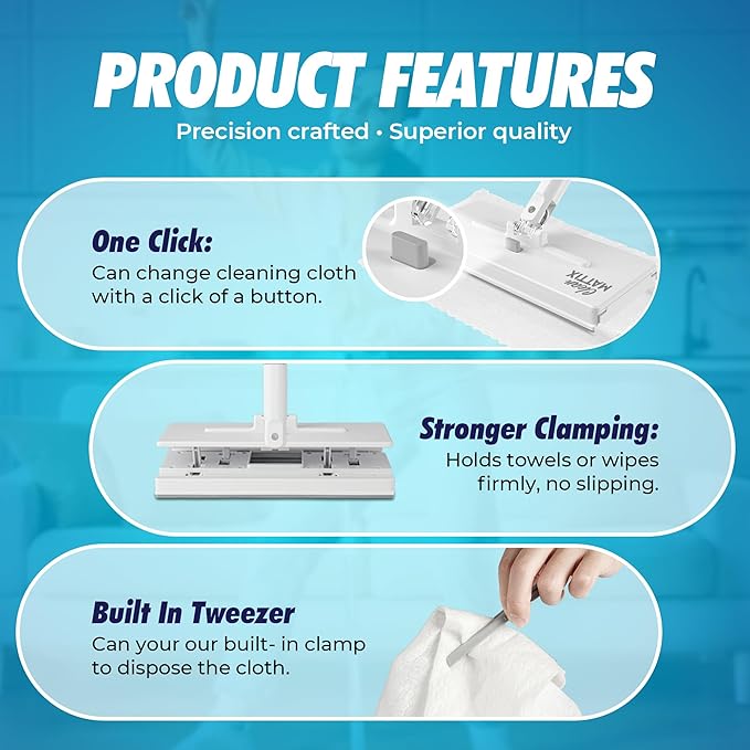 CleanMattix - FlexiClamp Sweep & Mop Kit - Compatible with Swiffer Pads, Durable Cleaning Tool for Hardwood, Tile, Marble & Laminate Floors, Home, Kitchen Cleaning Essentials. (Include 10 Dry Cloths)