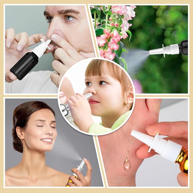 20 Pcs Nasal Spray Bottle, 30ML/1OZ 12 Pcs Bright Plating Gold Silvery Black Empty Refillable Glass Nose Spray Bottle with 4 Pcs Funnels and 4 Pcs Labels