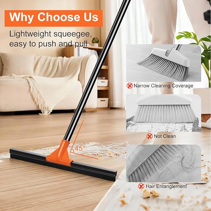 Heavy Duty Floor Squeegee with Long Handle, 18" Rubber Wiper Broom for Concrete Tile Cleaning Commercial Scrubber Mop for Garage Deck Bathroom Kitchen Pool Glass