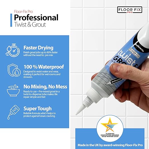 Floor-Fix Pro - Twist & Grout Repair Kit - Premixed & Waterproof Fast Tile Grout Reviver - Bathroom, Shower, Kitchen (Dark Gray, 8.8 fl oz)