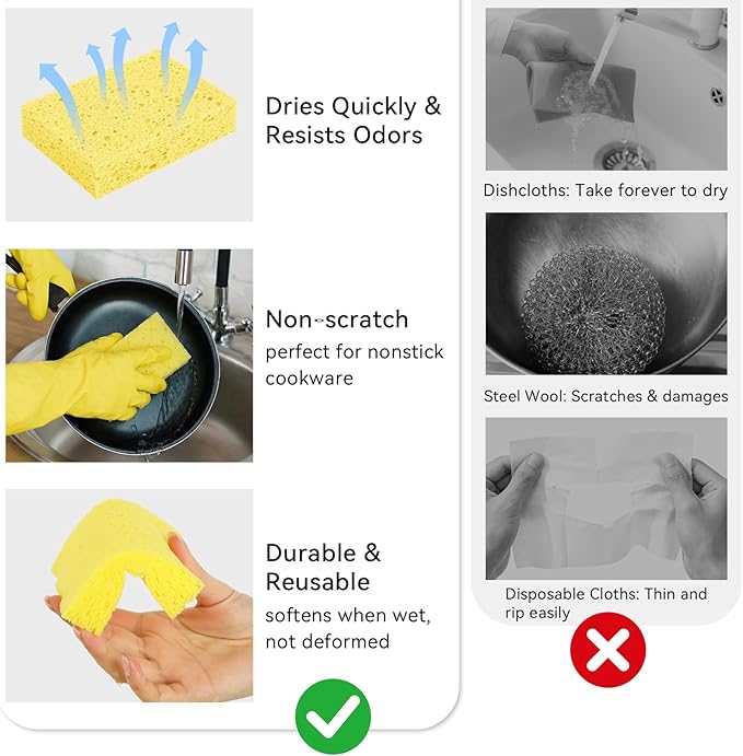 Mkobon 6 Pcs Kitchen Sponges for Dishes Cleaning, Non Scratch for Non Stick Cookware, Compressed Natural Cellulose Sponges, Dish Washing Scrubbers, Scrubbing Pads for Household, Bathroom (Yellow)