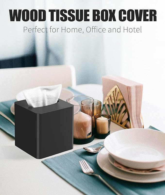 Livelab Tissue Box Cover Square - Oak Wood Tissue Box Holder for Living Room, Dinner Table, Bathroom, Office - Decorative Wooden Cube Facial Tissue Cover for Modern Farmhouse Home Decor | Black