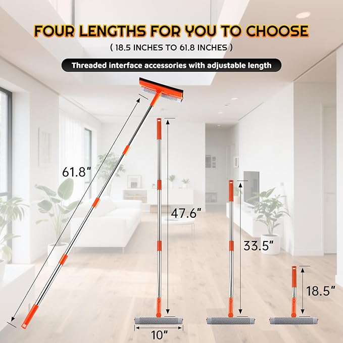 PuraKleen Window Squeegee, 62” Super Long Stainless Steel Pole, Mirror Cleaner Tool, Extendable Squeegee for Window Cleaning Fit High Up Area,Shower Door and Tiles