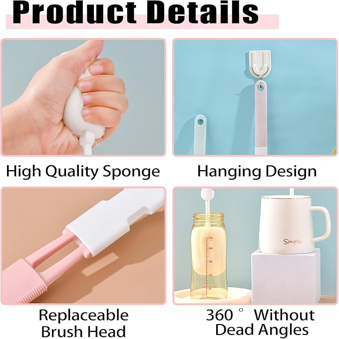 Sponge Bottle Brushes 3 Piece Baby Bottle Brushes Long Handle Cup Scrubber Brush Portable Sponge Bottle Cleaning Brush (3PCS)