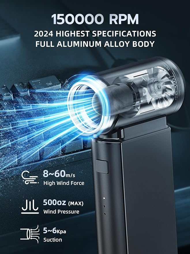 Smiling Shark Compressed Air Duster, J02 Super Power 150000RPM Aluminum Electric Air Duster with Mini Vacuum Cleaner, 2 Modes (Normal&Storm) Adjustable Dust Blower for PC/Outdoor/House/Car