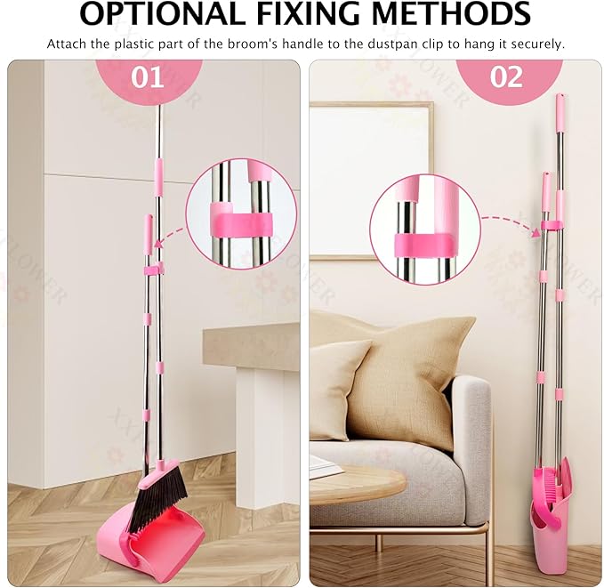 XXFLOWER Broom and Dustpan Set, Dustpans with Broom Combo for Home, Heavy Dust Broom and Dustpan Combo, Long Handle Dust Pan and Broom Set for Kitchen, Office, Pet Hair,Pink, Pack of 1