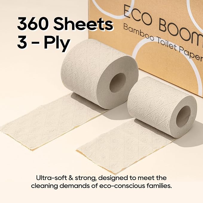 ECO BOOM Toilet Paper 100% Bamboo 3-fly, Tree Free & Chemical Free Packaging, 24 mega Rolls, 360 Sheets｜PFAS Free, BPA Free, Septic Safe & FSC Certified