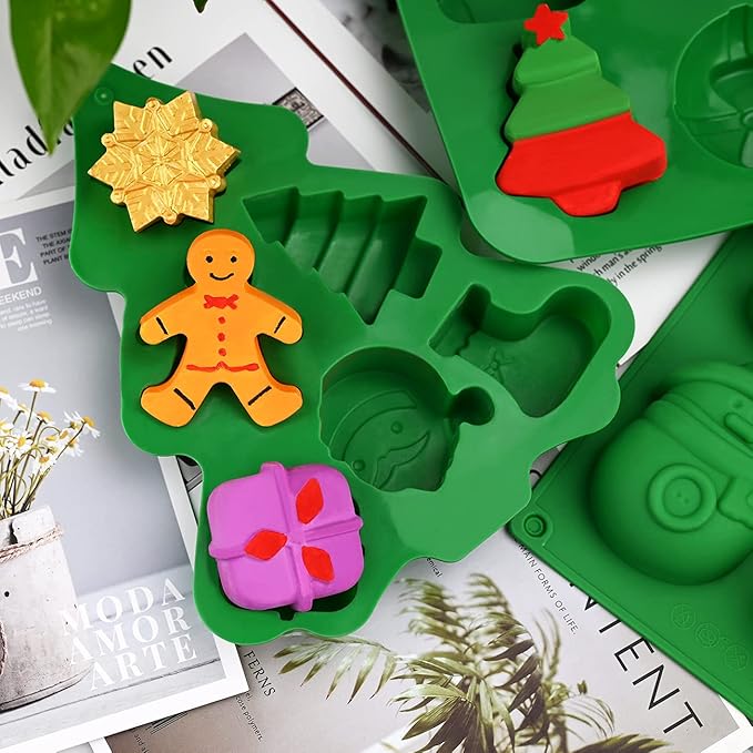 HUAKENER 3 Pack Christmas Soap Molds, Large Size Xmas Silicone Mold for Handmade Soap, Mini Cakes, Chocolate, Candy, Jello