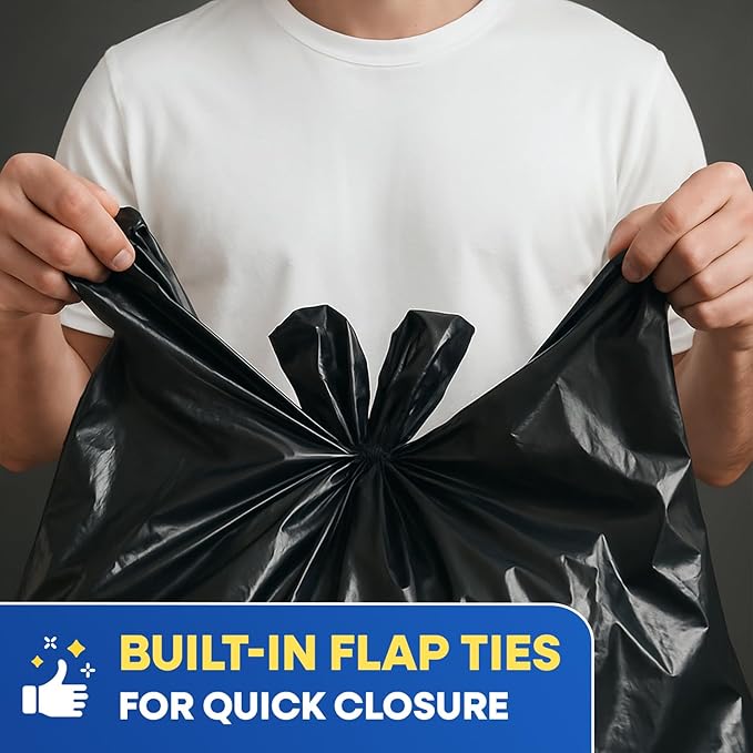64-65 Gallon Trash Bags Heavy Duty with Flap Ties Extra Large Garbage Bags 2 Mil Outdoor Trash Bags 43 x 49 Trash Can Liners, Black Pack of 20