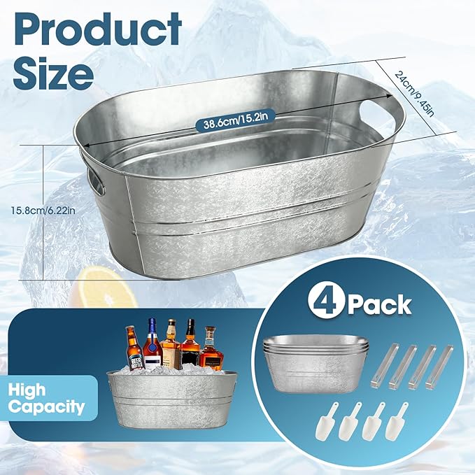 12 Pcs Galvanized Tub Ice Buckets 3 Gallon Metal Champagne Drink Bucket with Handles Large Beverage Tubs Wine Beer Storage Cooler Ice Buckets for Parties Mimosa Bar Supplies with Ice Scoop and Tongs