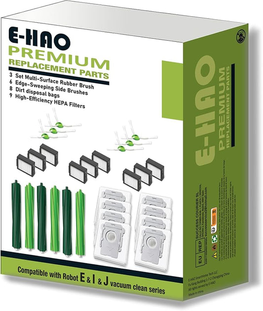 E-HAO Replacement Accessories Part for iRobot Roomba i1+, i2+, i3+, i4+, i5+, i6+, i7+, i8+, j5+, j6+, j7+, j8+, j9+, E5, E6, E7. Kit with 8 Dust Bags, 6 Rubber Rollers, 9 HEPA Filters, 6 Side Brushes