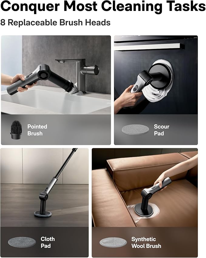 HOTO Flexi™ Cordless Electric Spin Scrubber, Adjustable Angle, Extendable Handle, Smart Display, IPX7 Waterproof, Powerful Cleaning Scrubber with 8 Replaceable Brush Heads, for Bathroom, Tile, Bathtub
