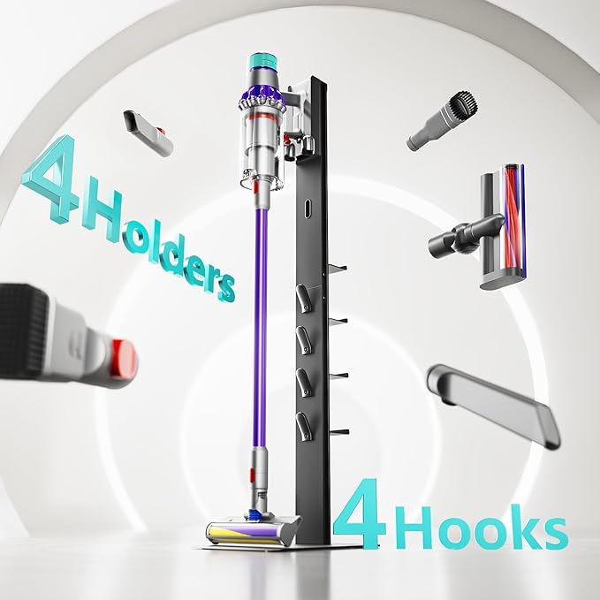 PEGZONE Vacuum Cleaner Stand, Compatible with Dyson Gen5 V15 V12 V11 V10 V9 V8 V7 V6, Floor Cordless Vacuums Attachment Holder with 4 Hooks and 4 Shelves, Metal Storage Bracket Organizer, Black