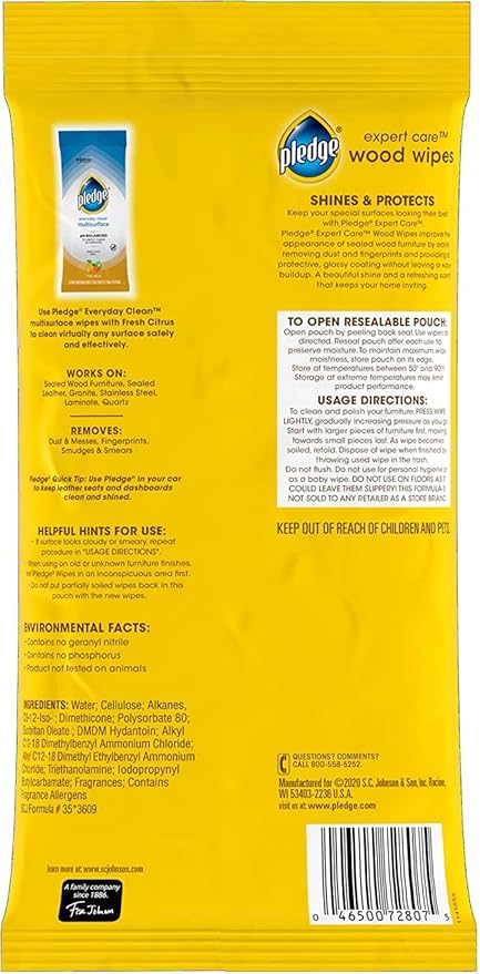 Pledge Expert Care Enhancing Wood Wipes, Lemon Scent, 24 Count