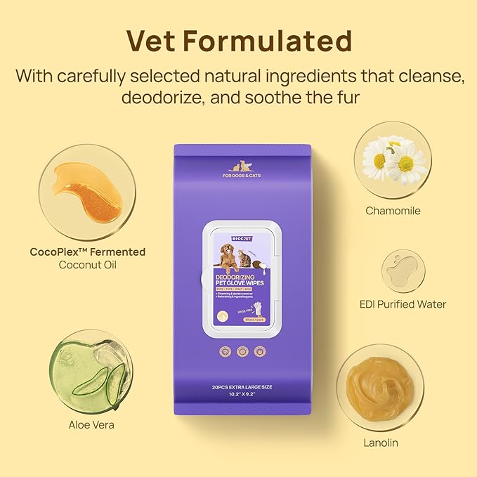 HICC PET Cleaning Deodorizing Glove Wipes for Dogs & Cats, Vet Recommended Hypoallergenic Hydrating & Nourish Fur Pet Grooming Glove Wipes, Pet Bathing Wipes for Horse Coat Care,20pcs Verbena Scent