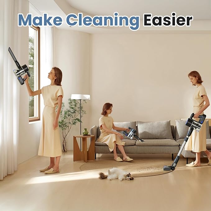 DUMOS Cordless Vacuum Cleaner, Lightweight Stick Vacuum Cleaners for Home, Powerful Suction & LED Lights Rechargeable Battery for Carpets, Pet Hair, Hardwood Floors