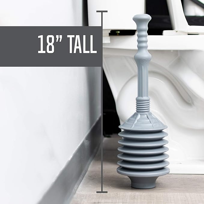 JS Jackson Supplies Professional Bellows Accordion Toilet Plunger, High Pressure Thrust Plunge Removes Heavy Duty Clogs from Clogged Bathroom Toilets, All Purpose Power Plungers for Bathrooms, Grey