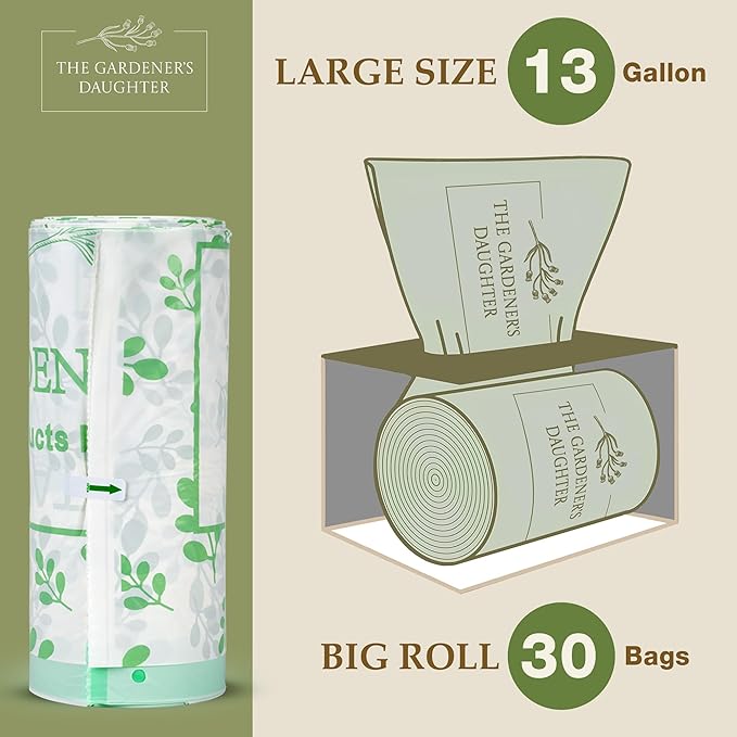 The Gardener's Daughter Compostable Trash Bags - 13 Gallon, 30 Count, Extra Strength, White, Drawstring Kitchen Waste Bag, BPI and TUV Certified, OK Home Compostable - (Winter’s Grace)