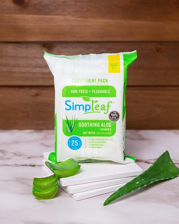 Simpleaf Flushable Wet Wipes Aloe Vera| Eco-Friendly, Paraben & Alcohol Free | Hypoallergenic & Safe for Sensitive Skin | Soothing Aloe Formula | (12 x 25 Counts Convenient Pack) 300 Counts Total
