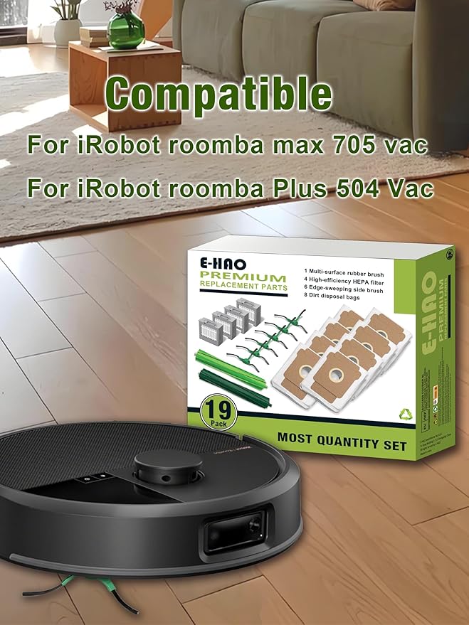 E-HAO Max 705 & 504 Replacement Parts for iRobot Roomba Max 705 Vac, Roomba Plus 504 Vac Robot Vacuum. Accessories Kit with 8 Dust Bags, 2 Rubber Rollers, 4 HEPA Filters, 6 Side Brushes